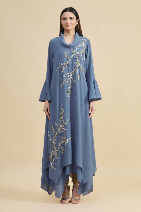 Shop_Zeel Doshi_Blue Georgette Turtle Neck Collar Asymmetric Embroidered Tunic  _Online_at_Aza_Fashions
