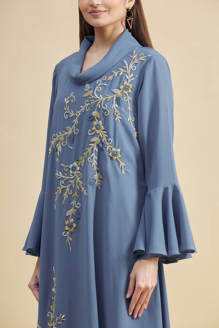 Zeel Doshi_Blue Georgette Turtle Neck Collar Asymmetric Embroidered Tunic  _at_Aza_Fashions