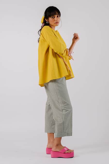 Tussah By Siddhi Shah Black Cotton Cut Work Round Neck Ruched Sleeve Shirt With Contrast Pant Online at Aza Fashions Tussah By Siddhi Shah_Black Cotton Cut Work Round Neck Ruched Sleeve Shirt With Contrast Pant _Online_at_Aza_Fashions