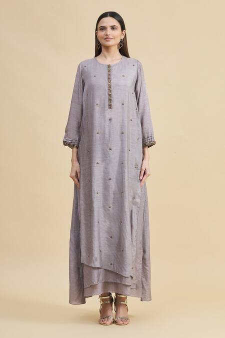 Shop_Zeel Doshi_Grey Linen Silk Round Asymmetric Embroidered Tunic  _Online_at_Aza_Fashions