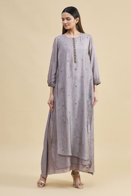 Zeel Doshi Grey Linen Silk Round Asymmetric Embroidered Tunic  