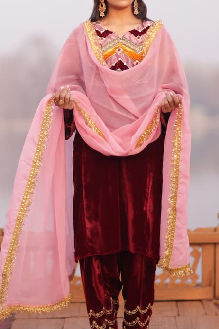 Shop_Negra Elegante_Red Silk Velvet, Dupatta Organza Pearl, Sequin Embroidered Phiran And Salwar Set_Online_at_Aza_Fashions