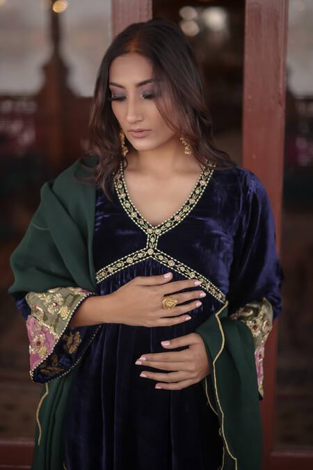 Negra Elegante Blue Silk Velvet Pearl, Sequin And Zari Work, Pleated Anarkali & Palazzo Set at Aza Fashions Negra Elegante_Blue Silk Velvet Pearl, Sequin And Zari Work, Pleated Anarkali & Palazzo Set_at_Aza_Fashions