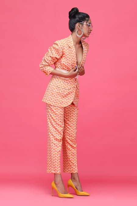 Shop_Raasa_Orange Crepe Floral Lapel Collar Ulta Tulip Blazer _Online_at_Aza_Fashions