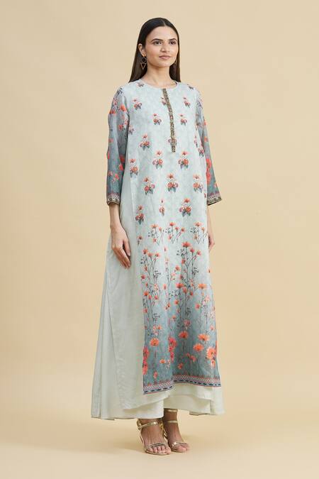 Zeel Doshi_Green Silk Round Embroidered Tunic  _Online_at_Aza_Fashions