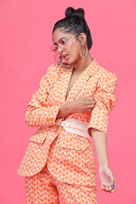 Raasa_Orange Crepe Floral Lapel Collar Ulta Tulip Blazer _at_Aza_Fashions