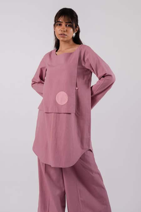 Buy Tussah By Siddhi Shah Purple Cotton Threadwork Round Buttoned Flap Tunic With Culottes Online at Aza Fashions Buy_Tussah By Siddhi Shah_Purple Cotton Threadwork Round Buttoned Flap Tunic With Culottes _Online_at_Aza_Fashions