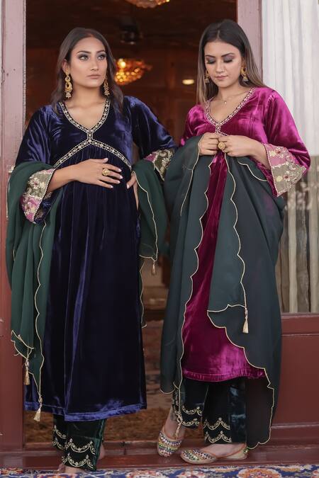 Negra Elegante Blue Silk Velvet Pearl, Sequin And Zari Work, Pleated Anarkali & Palazzo Set Online at Aza Fashions Negra Elegante_Blue Silk Velvet Pearl, Sequin And Zari Work, Pleated Anarkali & Palazzo Set_Online_at_Aza_Fashions