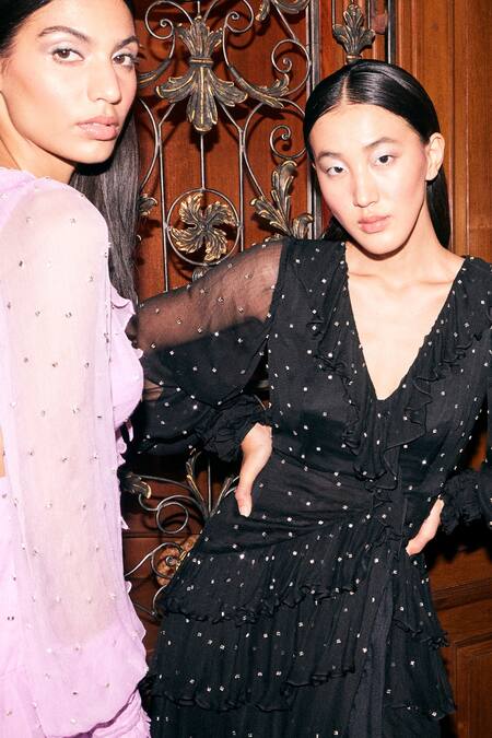 Kangana Trehan Black Chiffon Embroidery Round Neck Metallic Embellished Ruffle Dress Online at Aza Fashions Kangana Trehan_Black Chiffon Embroidery Round Neck Metallic Embellished Ruffle Dress _Online_at_Aza_Fashions