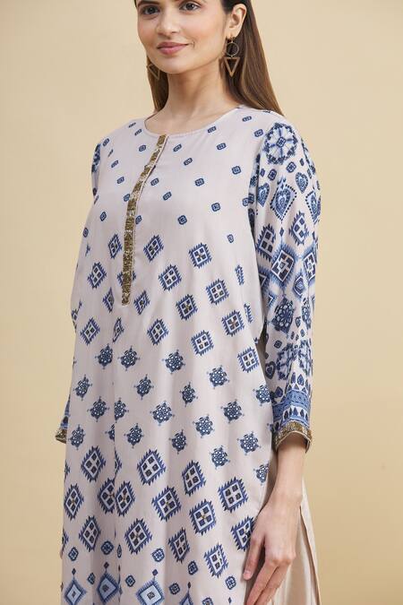 Zeel Doshi_Blue Crepe Silk Round Printed Tunic  _at_Aza_Fashions