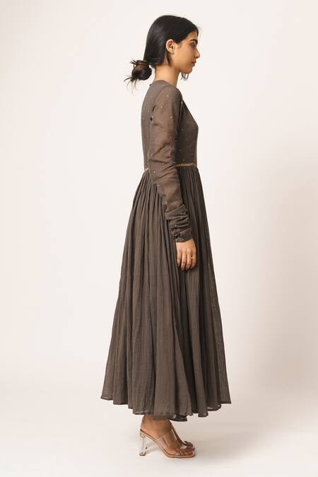 Dot_Grey Cotton Round Embroidered Anarkali _Online_at_Aza_Fashions