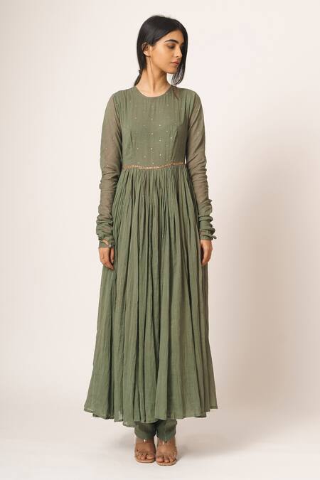 Shop Dot Green Cotton Round Embroidered Anarkali at Aza Fashions Shop_Dot_Green Cotton Round Embroidered Anarkali _at_Aza_Fashions