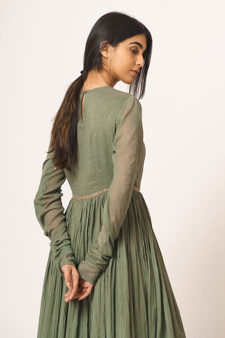 Dot Green Cotton Round Embroidered Anarkali 