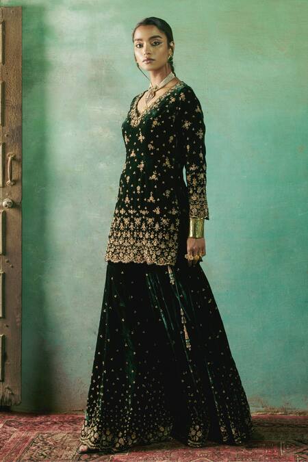 Shop_Sureena Chowdhri_Green Silk Velvet Embroidery Zardozi And Aari V Neck Kuhu Kurta Gharara Set_at_Aza_Fashions