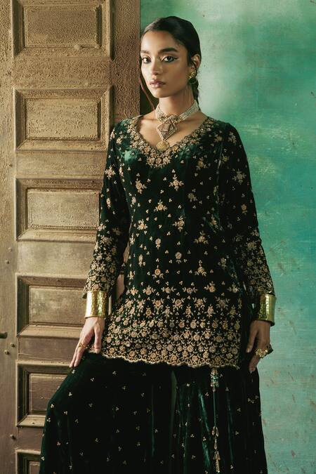 Shop_Sureena Chowdhri_Green Silk Velvet Embroidery Zardozi And Aari V Neck Kuhu Kurta Gharara Set_Online_at_Aza_Fashions