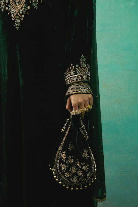 Shop_Sureena Chowdhri_Green Silk Velvet Aari, Beads And Sitara, Zari Notched Shab Kurta Salwar Set _Online_at_Aza_Fashions