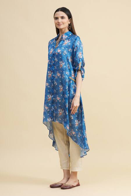 Zeel Doshi Blue Silk Spread Collar Asymmetric Tunic Online at Aza Fashions Zeel Doshi_Blue Silk Spread Collar Asymmetric Tunic _Online_at_Aza_Fashions