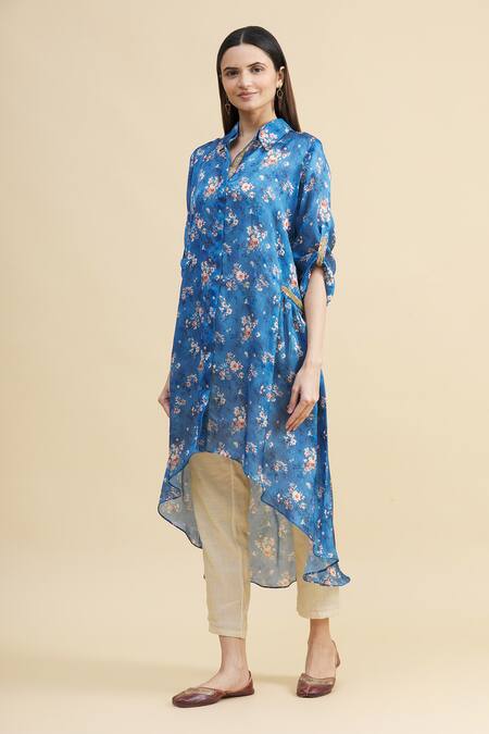 Buy Zeel Doshi Blue Silk Spread Collar Asymmetric Tunic Online at Aza Fashions Buy_Zeel Doshi_Blue Silk Spread Collar Asymmetric Tunic _Online_at_Aza_Fashions