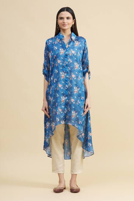 Shop Zeel Doshi Blue Silk Spread Collar Asymmetric Tunic Online at Aza Fashions Shop_Zeel Doshi_Blue Silk Spread Collar Asymmetric Tunic _Online_at_Aza_Fashions