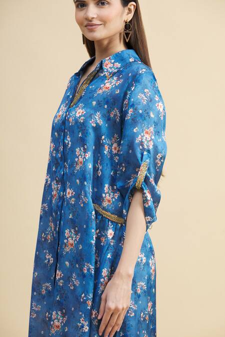 Zeel Doshi Blue Silk Spread Collar Asymmetric Tunic at Aza Fashions Zeel Doshi_Blue Silk Spread Collar Asymmetric Tunic _at_Aza_Fashions