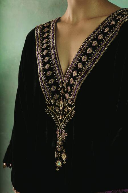 Shop_Sureena Chowdhri_Black Silk Velvet Embroidery Thread V Neck Saya Kaftan_Online_at_Aza_Fashions