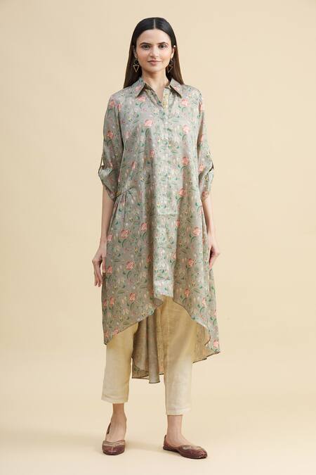 Buy_Zeel Doshi_Blue Silk Spread Collar Asymmetric Tunic  _Online_at_Aza_Fashions