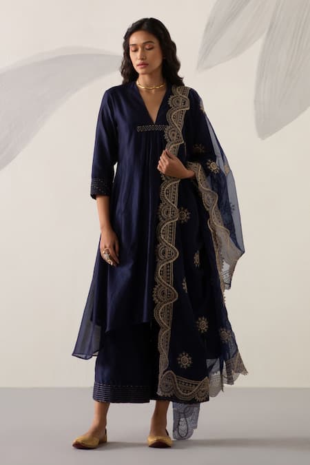 Sureena Chowdhri Blue Silk Chanderi Embroidered Zari Work V Neck Anarkali Palazzo Set 