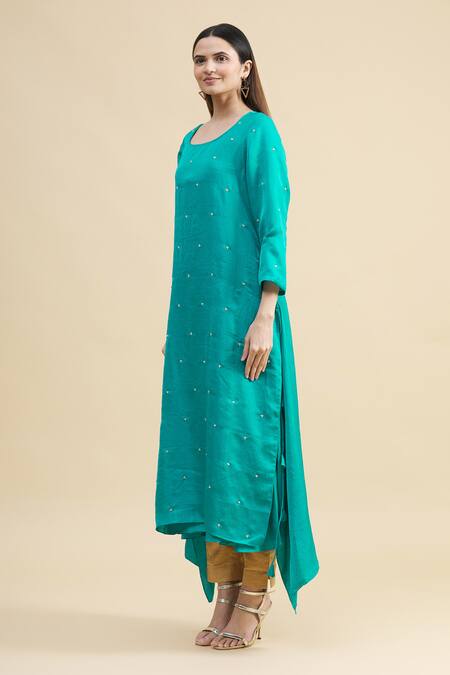 Zeel Doshi_Blue Linen Silk Round Asymmetric Embroidered Tunic  _Online_at_Aza_Fashions