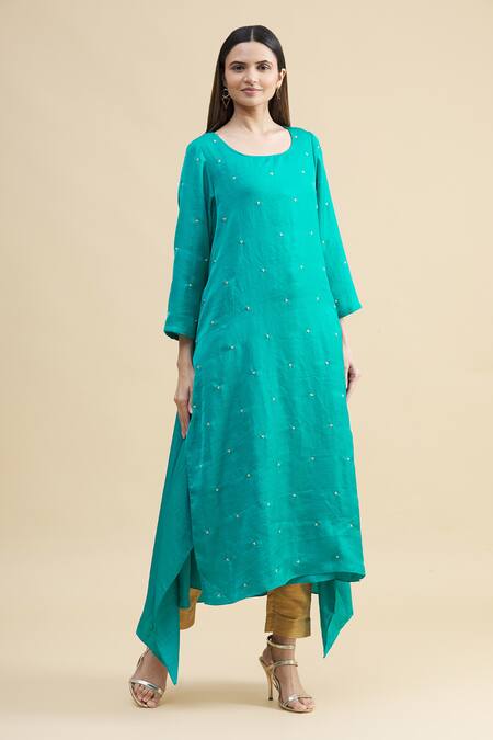 Buy_Zeel Doshi_Blue Linen Silk Round Asymmetric Embroidered Tunic  _Online_at_Aza_Fashions