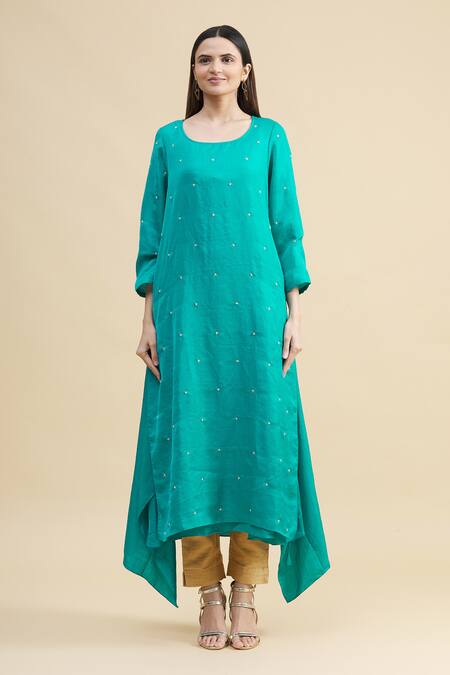 Shop_Zeel Doshi_Blue Linen Silk Round Asymmetric Embroidered Tunic  _Online_at_Aza_Fashions