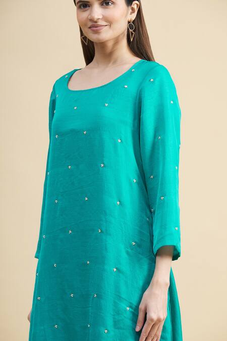 Zeel Doshi_Blue Linen Silk Round Asymmetric Embroidered Tunic  _at_Aza_Fashions