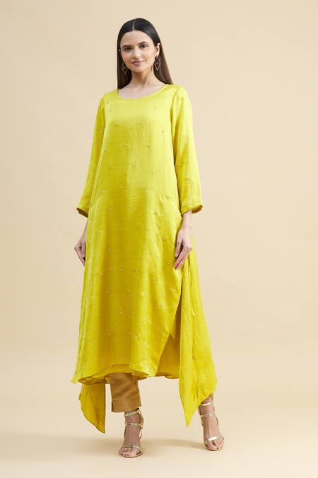 Buy_Zeel Doshi_Yellow Linen Silk Round Asymmetric Embroidered Tunic  _Online_at_Aza_Fashions