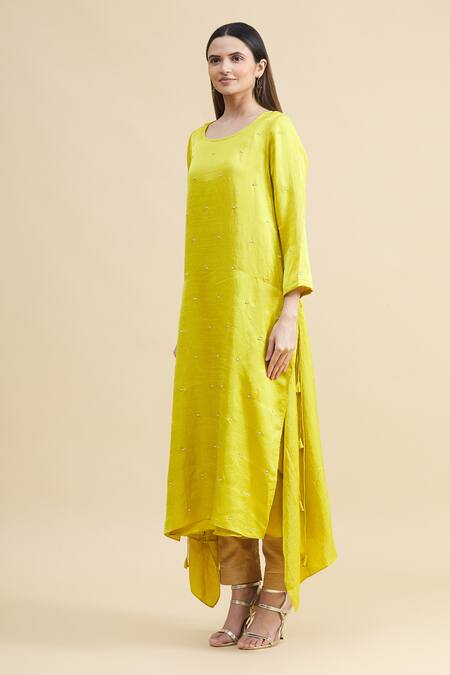 Zeel Doshi_Yellow Linen Silk Round Asymmetric Embroidered Tunic  _Online_at_Aza_Fashions