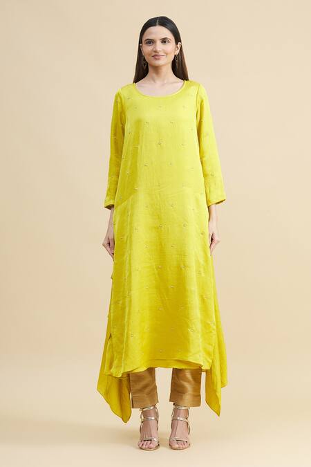 Shop_Zeel Doshi_Yellow Linen Silk Round Asymmetric Embroidered Tunic  _Online_at_Aza_Fashions