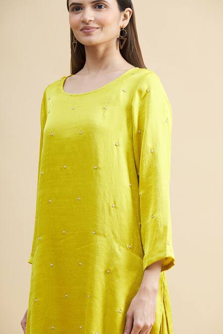 Zeel Doshi_Yellow Linen Silk Round Asymmetric Embroidered Tunic  _at_Aza_Fashions