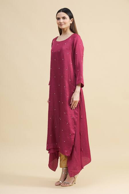 Zeel Doshi_Pink Linen Silk Round Asymmetric Embroidered Tunic  _Online_at_Aza_Fashions