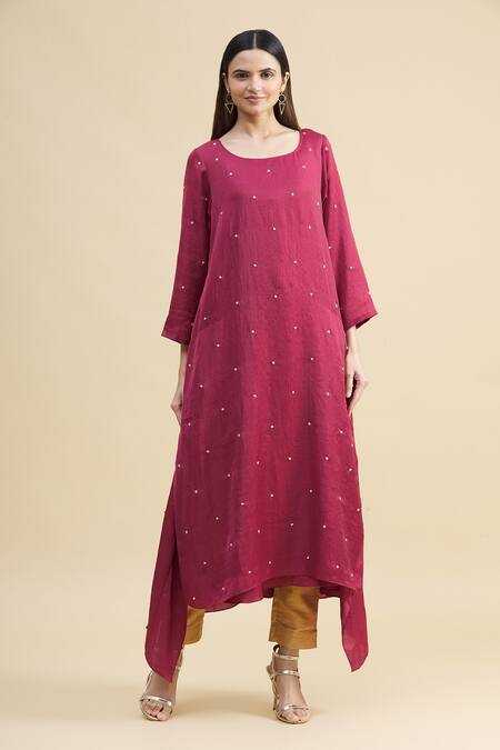 Buy_Zeel Doshi_Pink Linen Silk Round Asymmetric Embroidered Tunic  _Online_at_Aza_Fashions