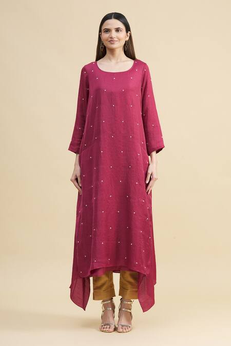 Shop_Zeel Doshi_Pink Linen Silk Round Asymmetric Embroidered Tunic  _Online_at_Aza_Fashions