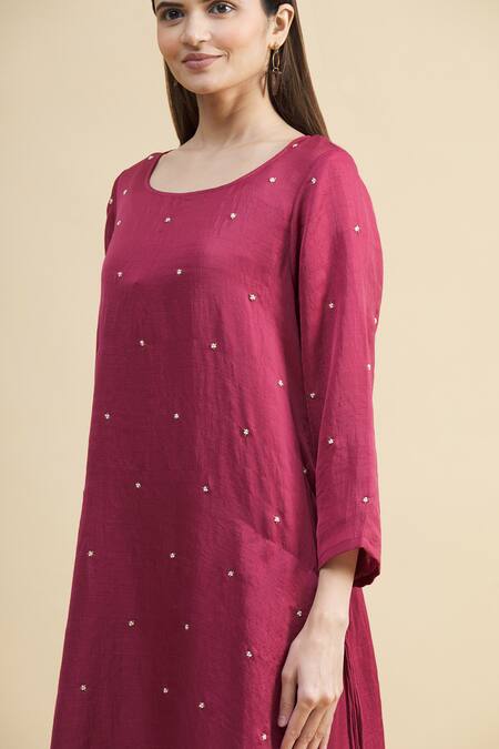 Zeel Doshi_Pink Linen Silk Round Asymmetric Embroidered Tunic  _at_Aza_Fashions