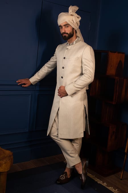 Shop Contrast By Parth White Geometric Jacquard Sherwani Set at Aza Fashions Shop_Contrast By Parth_White Geometric Jacquard Sherwani Set _at_Aza_Fashions