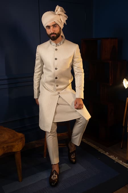 Contrast By Parth White Geometric Jacquard Sherwani Set Online at Aza Fashions Contrast By Parth_White Geometric Jacquard Sherwani Set _Online_at_Aza_Fashions
