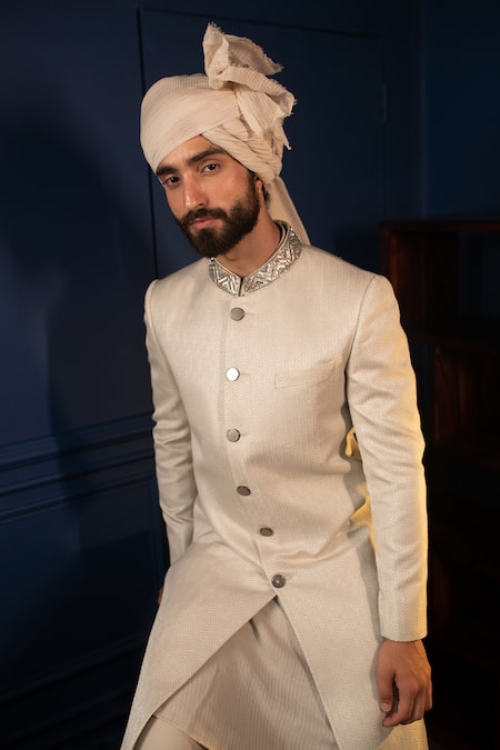 Shop Contrast By Parth White Geometric Jacquard Sherwani Set Online at Aza Fashions Shop_Contrast By Parth_White Geometric Jacquard Sherwani Set _Online_at_Aza_Fashions