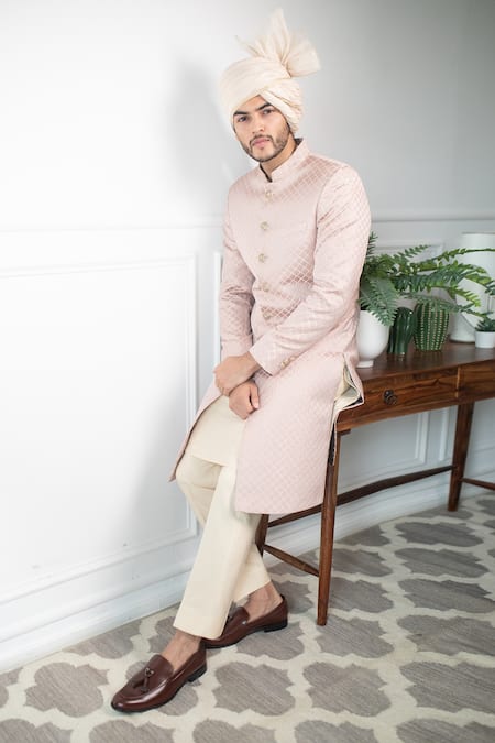 Contrast By Parth_Peach Jacquard Embossed Sherwani Set _Online_at_Aza_Fashions