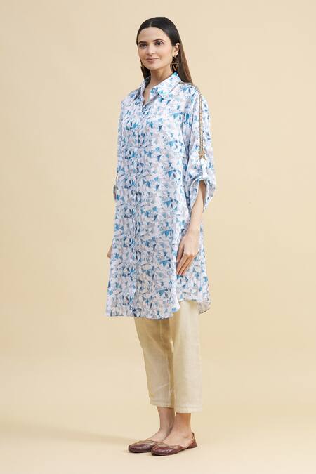 Zeel Doshi_Blue Silk Spread Collar Printed Tunic  _Online_at_Aza_Fashions