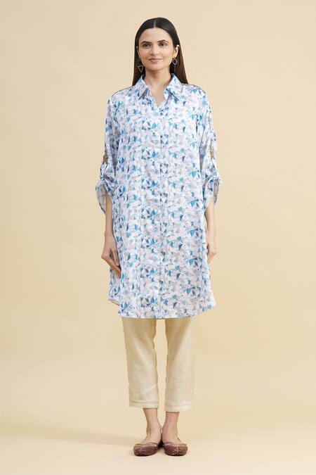 Buy_Zeel Doshi_Blue Silk Spread Collar Printed Tunic  _Online_at_Aza_Fashions