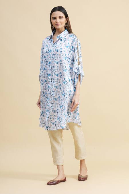 Shop_Zeel Doshi_Blue Silk Spread Collar Printed Tunic  _Online_at_Aza_Fashions