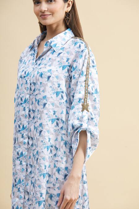 Zeel Doshi_Blue Silk Spread Collar Printed Tunic  _at_Aza_Fashions