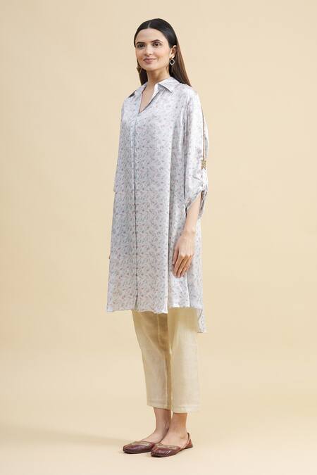 Zeel Doshi_White Silk Spread Collar Printed Tunic  _Online_at_Aza_Fashions