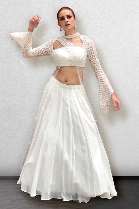 Jade By Ashima_White Net, Georgette Round Draped Tunic And Lehenga Set _Online_at_Aza_Fashions