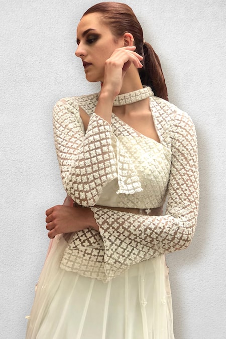Buy_Jade By Ashima_White Net, Georgette Round Draped Tunic And Lehenga Set _Online_at_Aza_Fashions